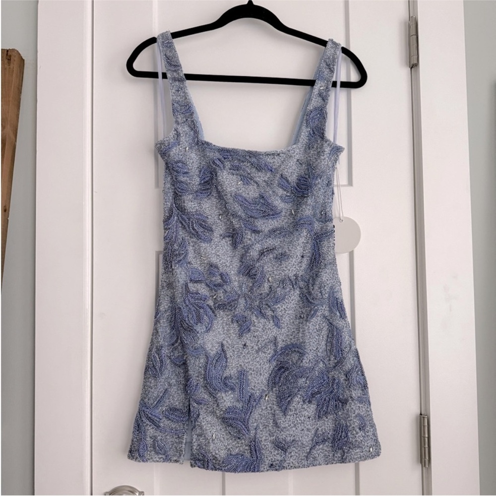STAUD Le Sable Hand Beaded Mini Dress Periwinkle Floral Blue with tags